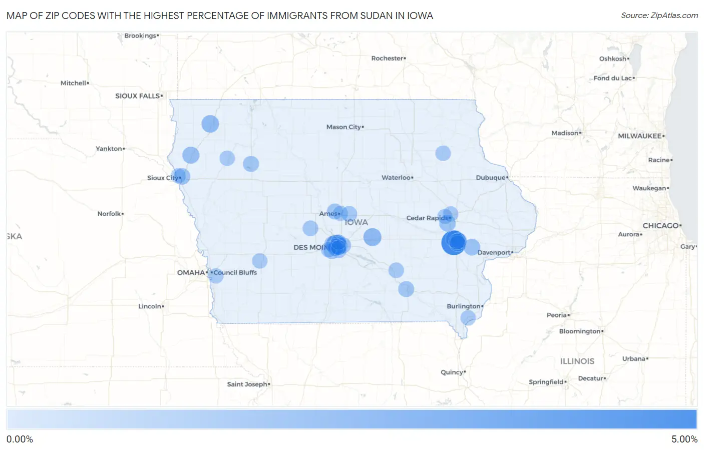 Zip Codes with the Highest Percentage of Immigrants from Sudan in Iowa Map
