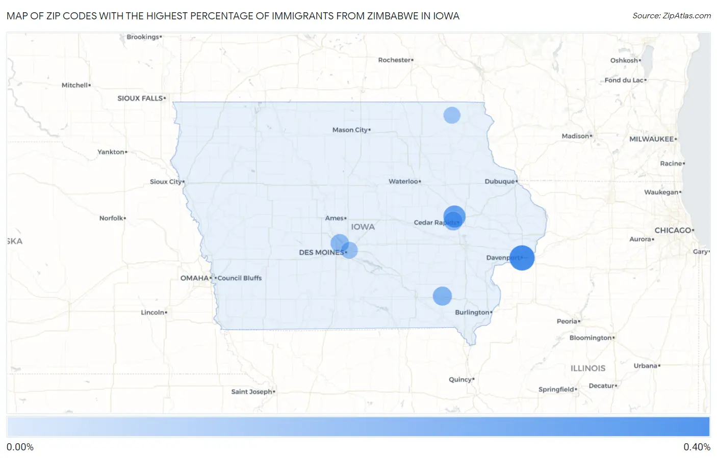Zip Codes with the Highest Percentage of Immigrants from Zimbabwe in Iowa Map