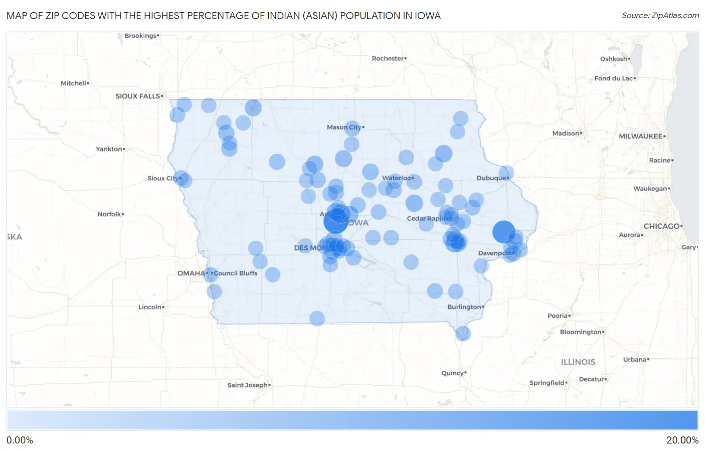 Zip Codes with the Highest Percentage of Indian (Asian) Population in Iowa Map