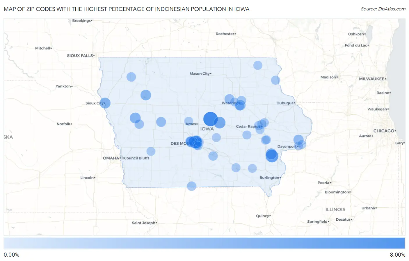 Zip Codes with the Highest Percentage of Indonesian Population in Iowa Map