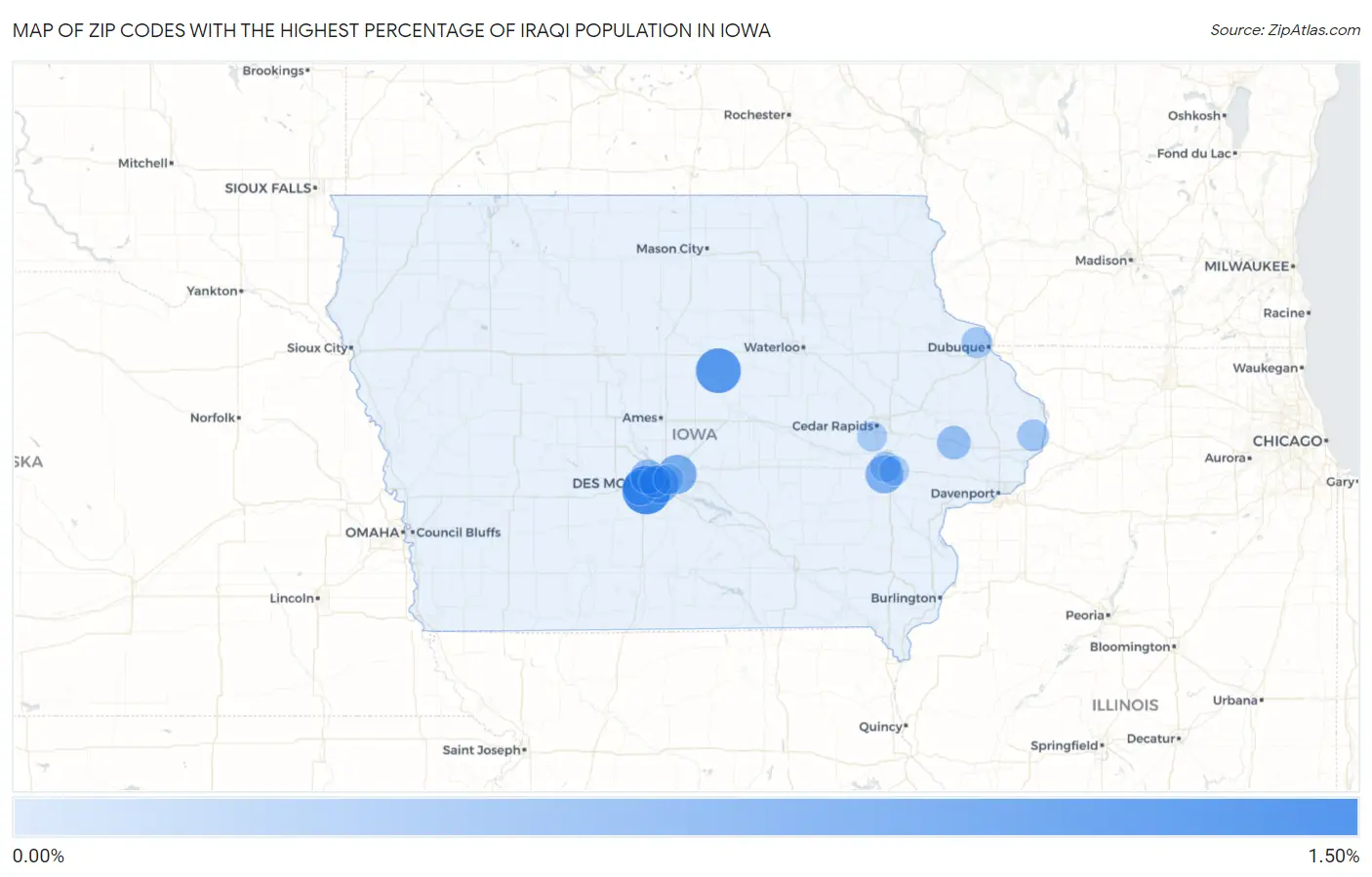 Zip Codes with the Highest Percentage of Iraqi Population in Iowa Map