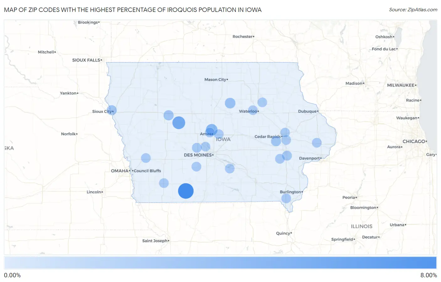 Zip Codes with the Highest Percentage of Iroquois Population in Iowa Map