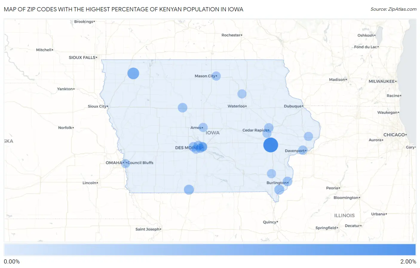 Zip Codes with the Highest Percentage of Kenyan Population in Iowa Map