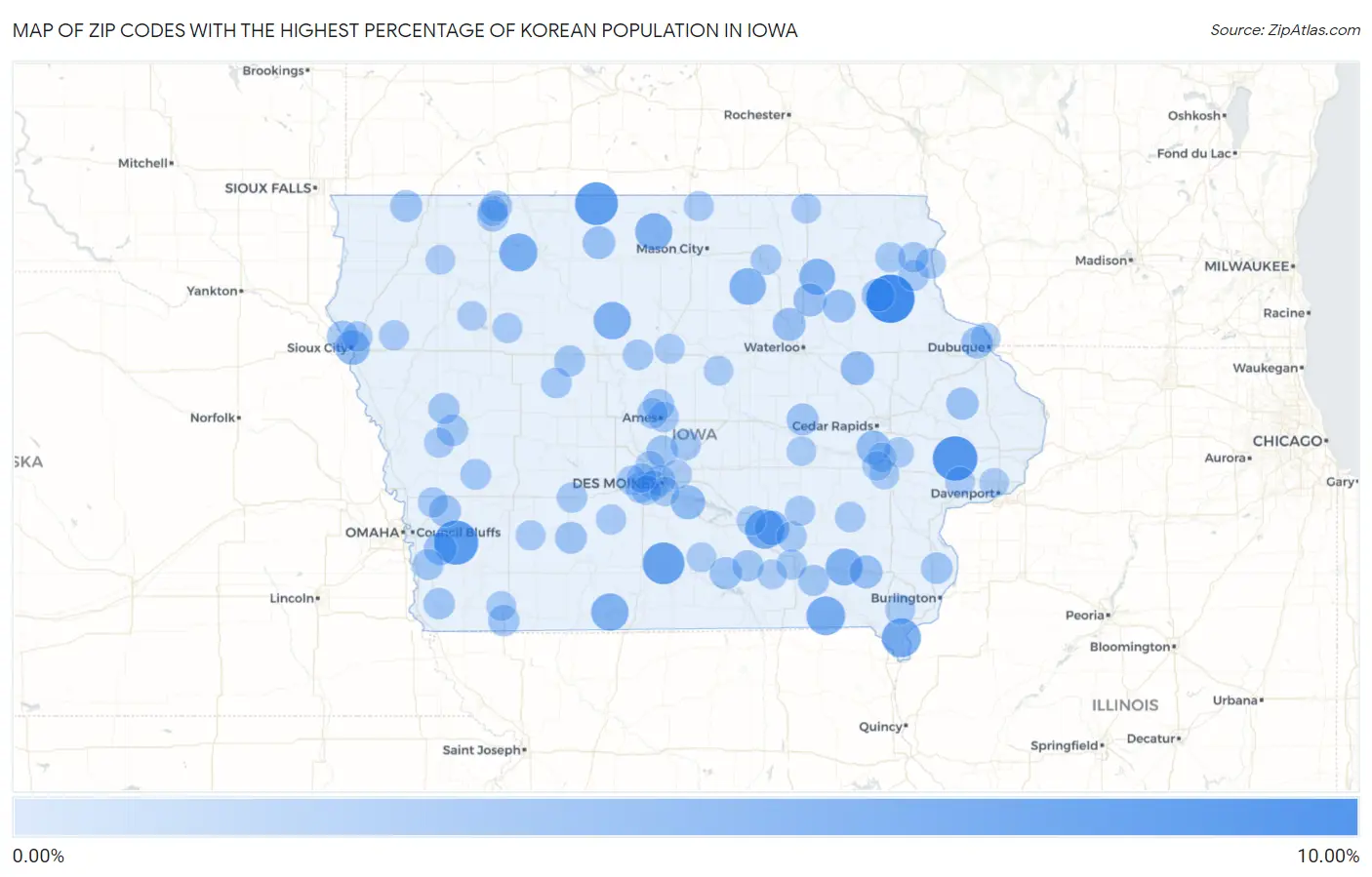 Zip Codes with the Highest Percentage of Korean Population in Iowa Map