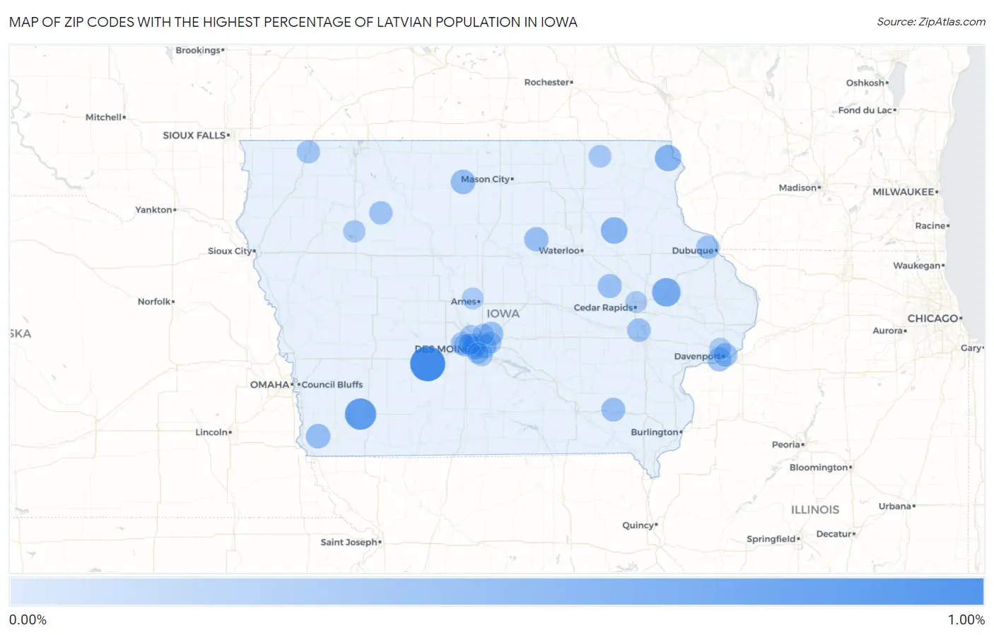 Zip Codes with the Highest Percentage of Latvian Population in Iowa Map