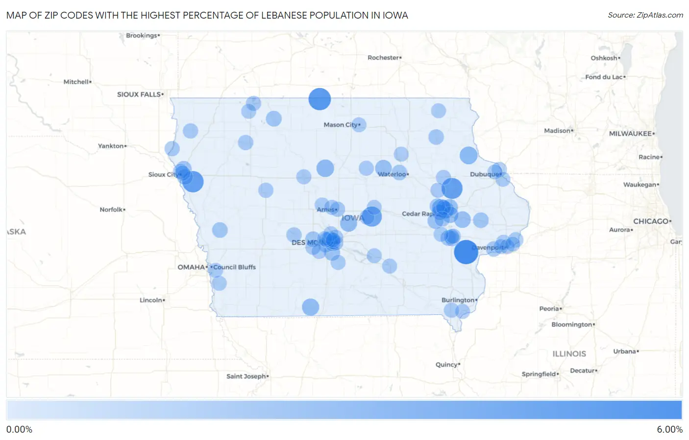 Zip Codes with the Highest Percentage of Lebanese Population in Iowa Map