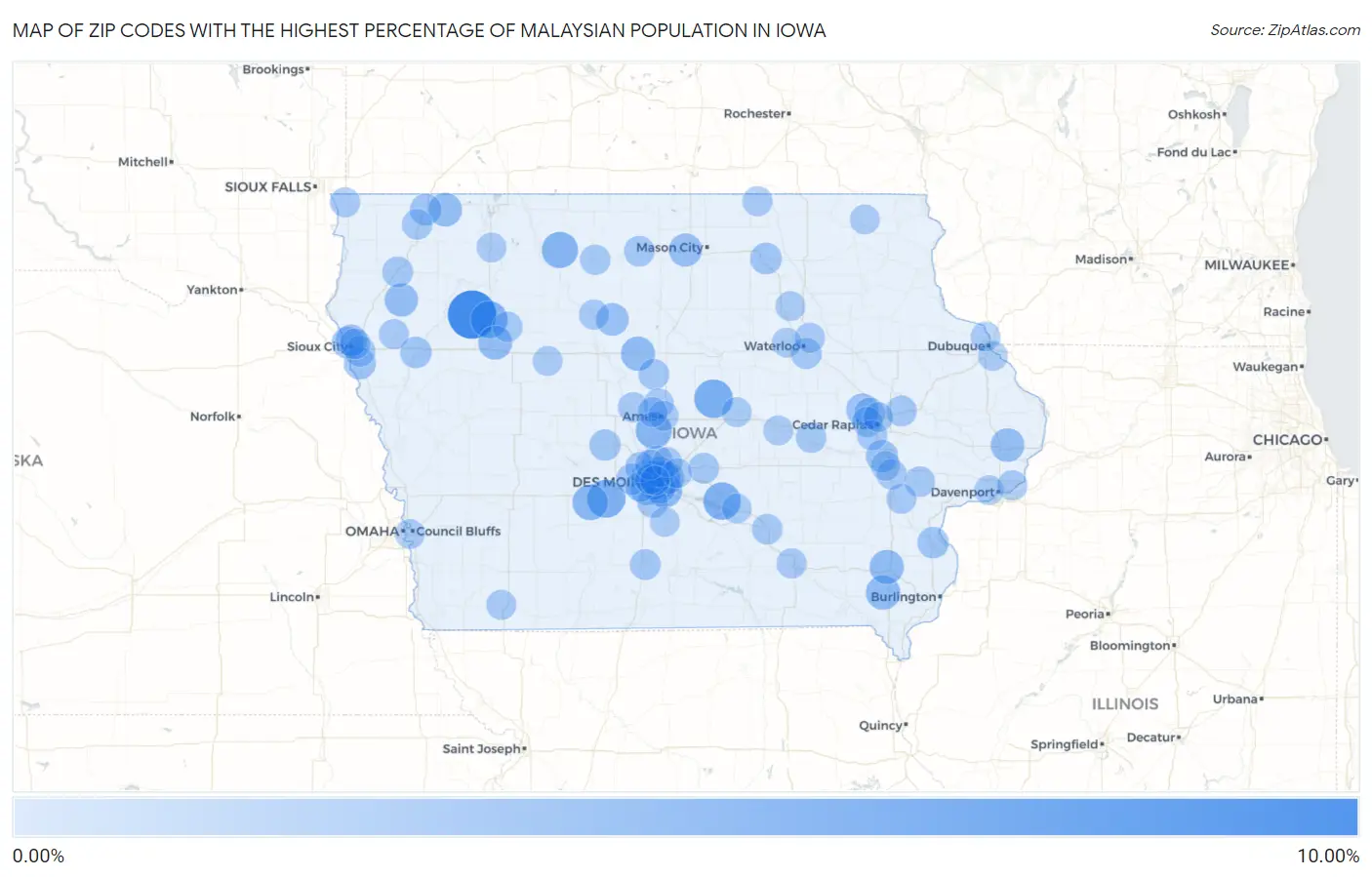 Zip Codes with the Highest Percentage of Malaysian Population in Iowa Map