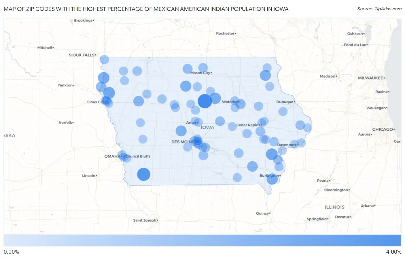 Zip Codes with the Highest Percentage of Mexican American Indian Population in Iowa Map