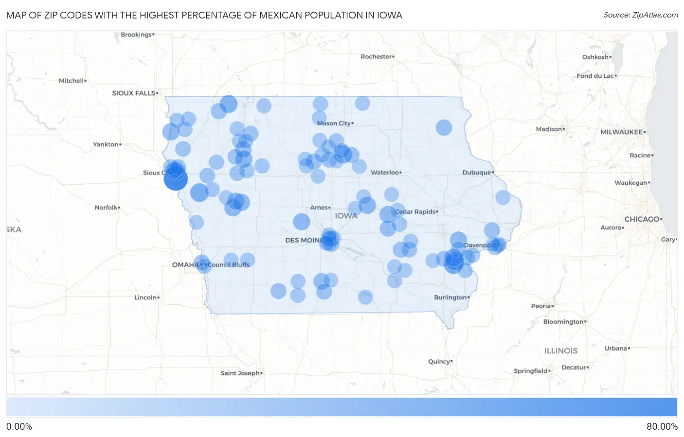 Zip Codes with the Highest Percentage of Mexican Population in Iowa Map