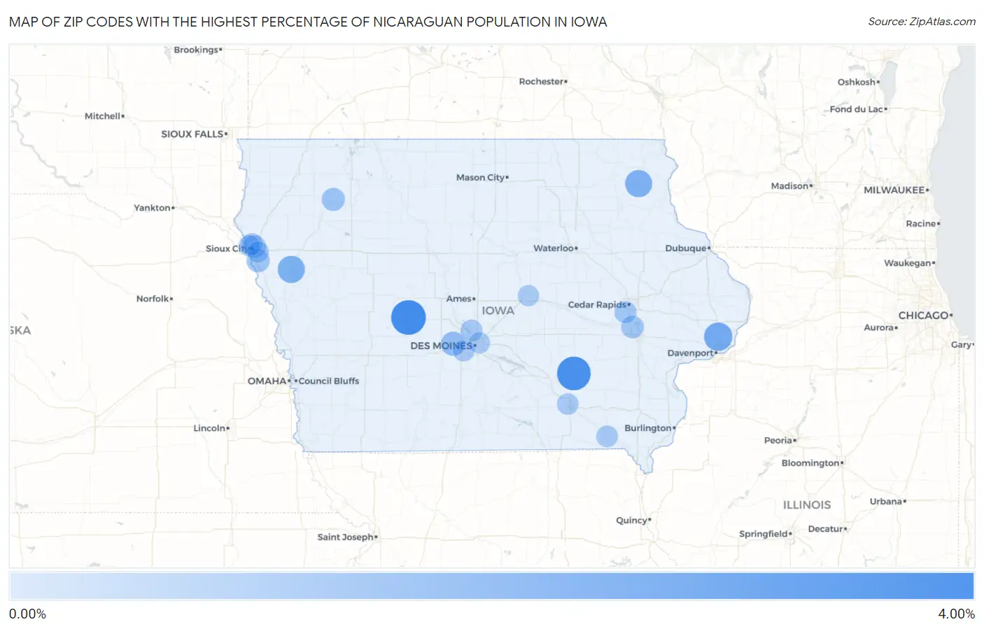 Zip Codes with the Highest Percentage of Nicaraguan Population in Iowa Map