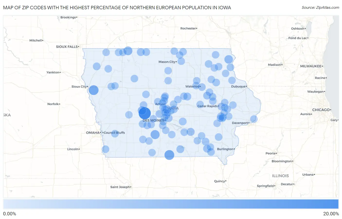 Zip Codes with the Highest Percentage of Northern European Population in Iowa Map