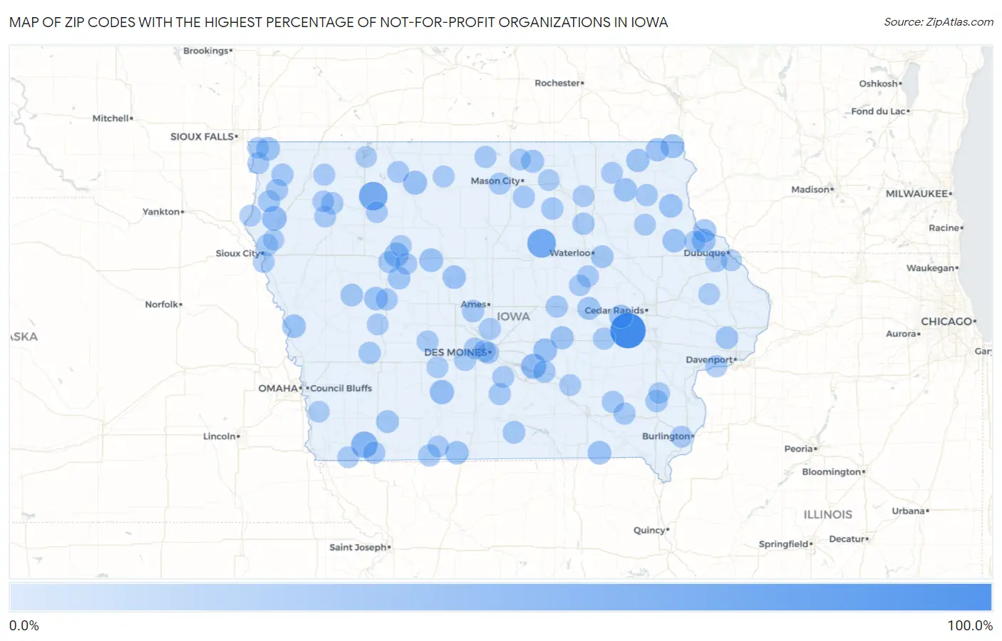 Zip Codes with the Highest Percentage of Not-for-profit Organizations in Iowa Map