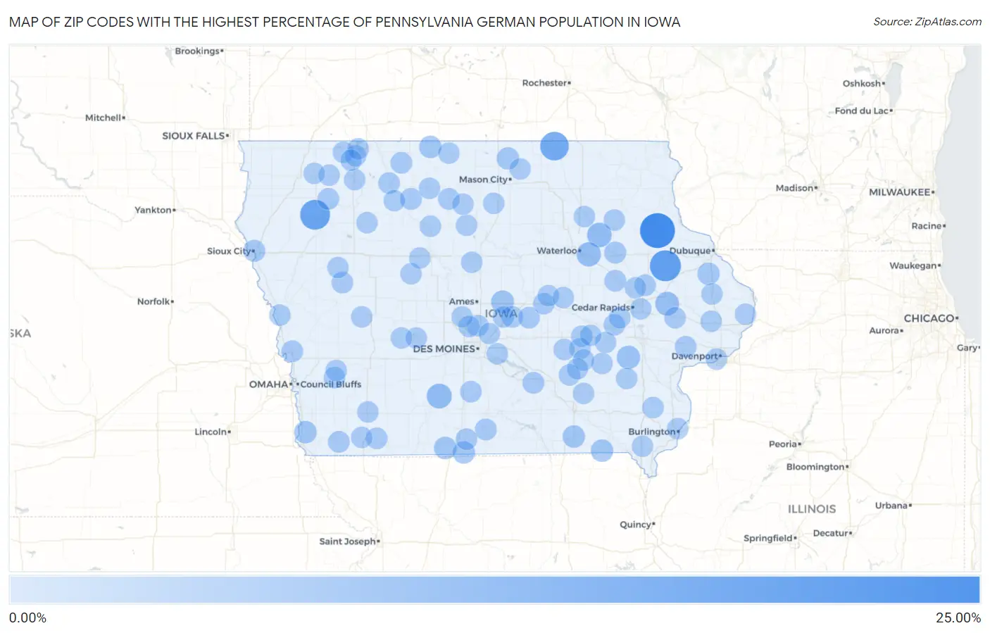 Zip Codes with the Highest Percentage of Pennsylvania German Population in Iowa Map