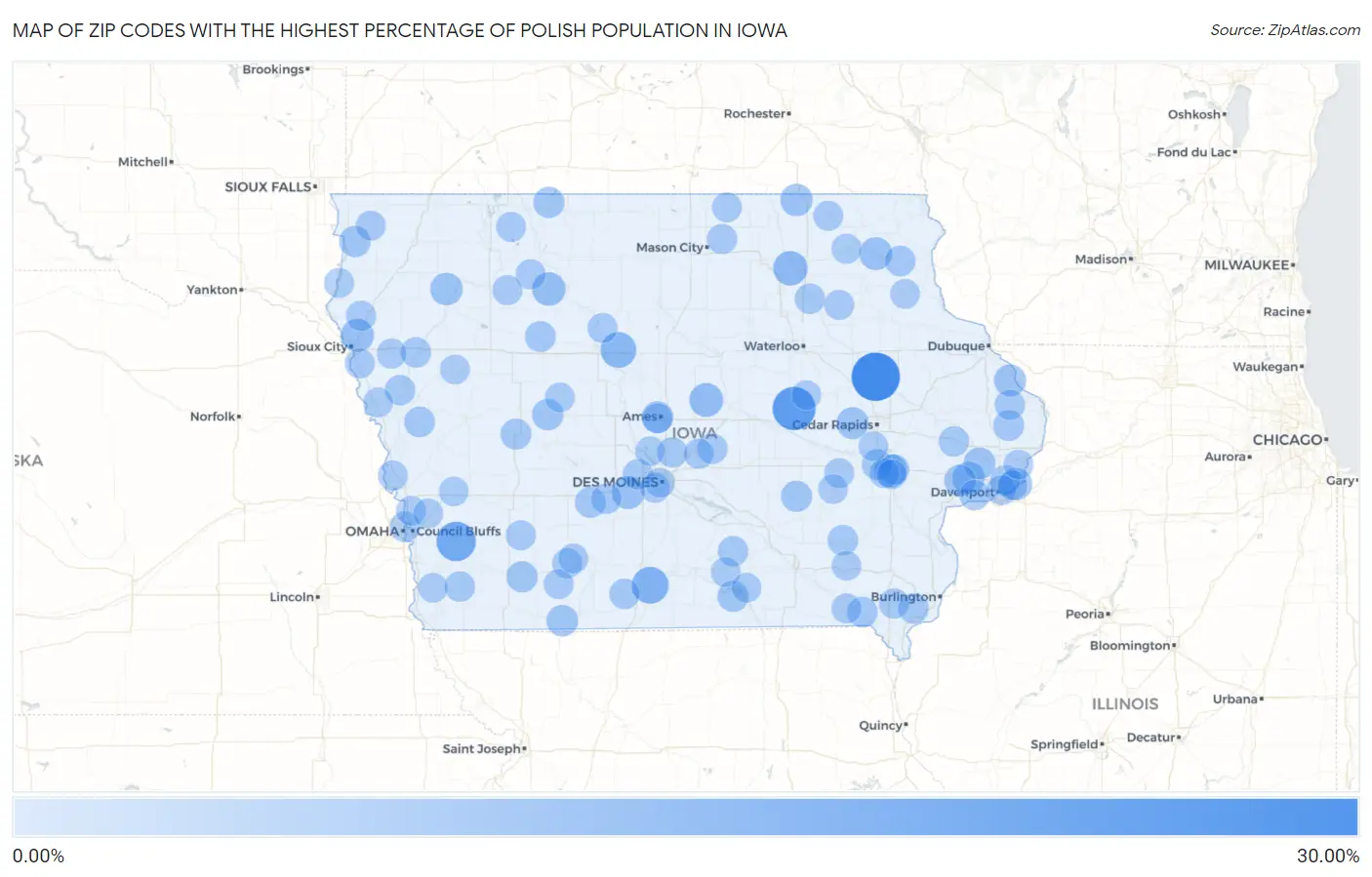 Zip Codes with the Highest Percentage of Polish Population in Iowa Map