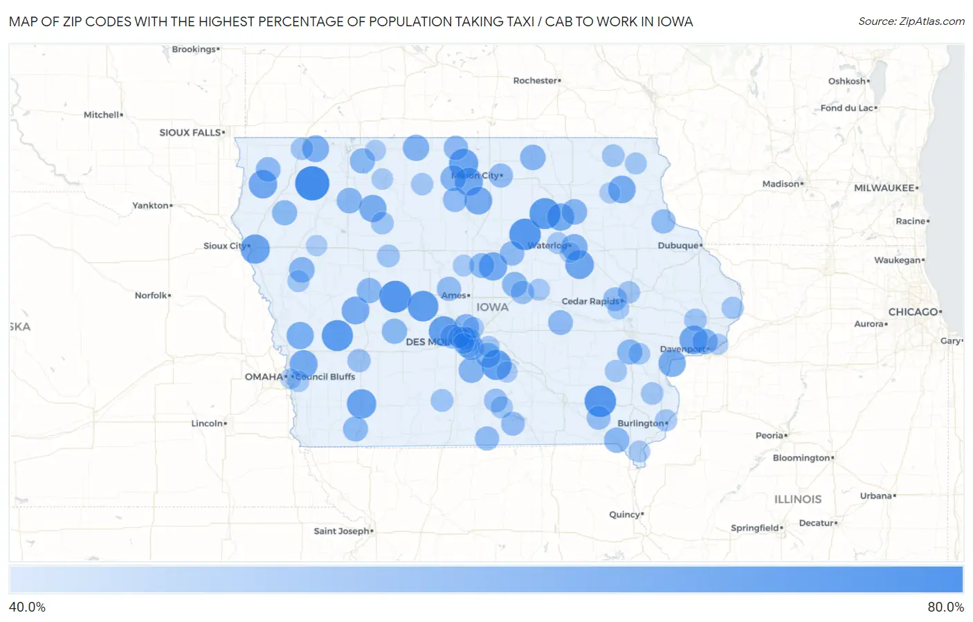 Zip Codes with the Highest Percentage of Population Taking Taxi / Cab to Work in Iowa Map