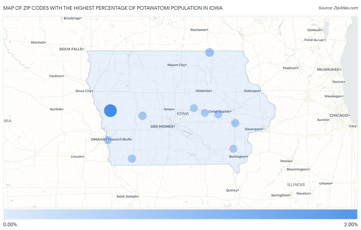 Zip Codes with the Highest Percentage of Potawatomi Population in Iowa Map