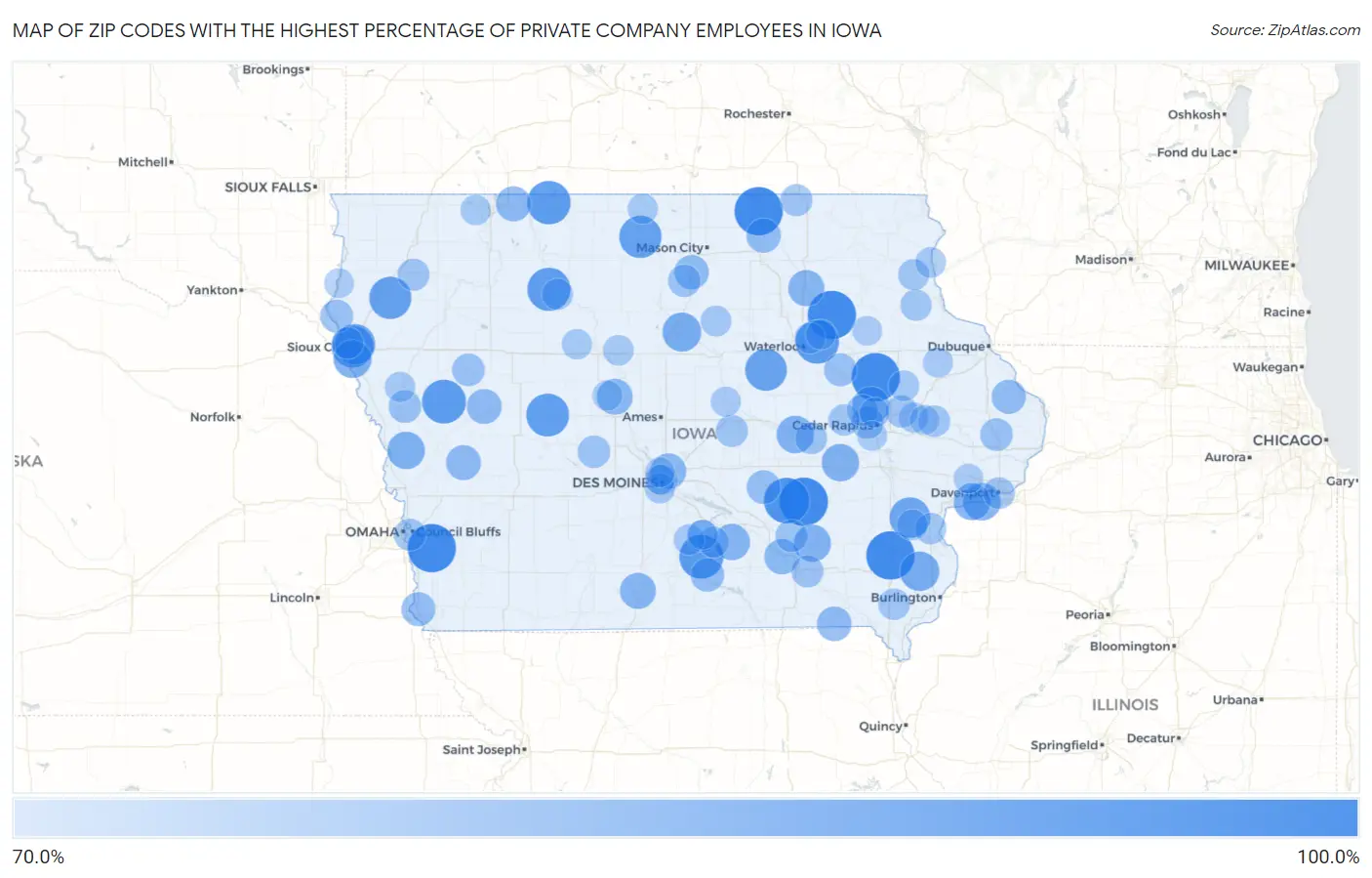 Zip Codes with the Highest Percentage of Private Company Employees in Iowa Map