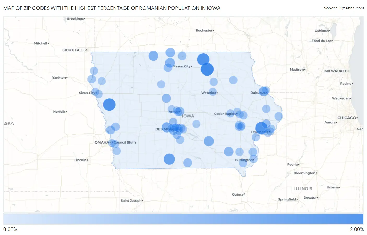 Zip Codes with the Highest Percentage of Romanian Population in Iowa Map