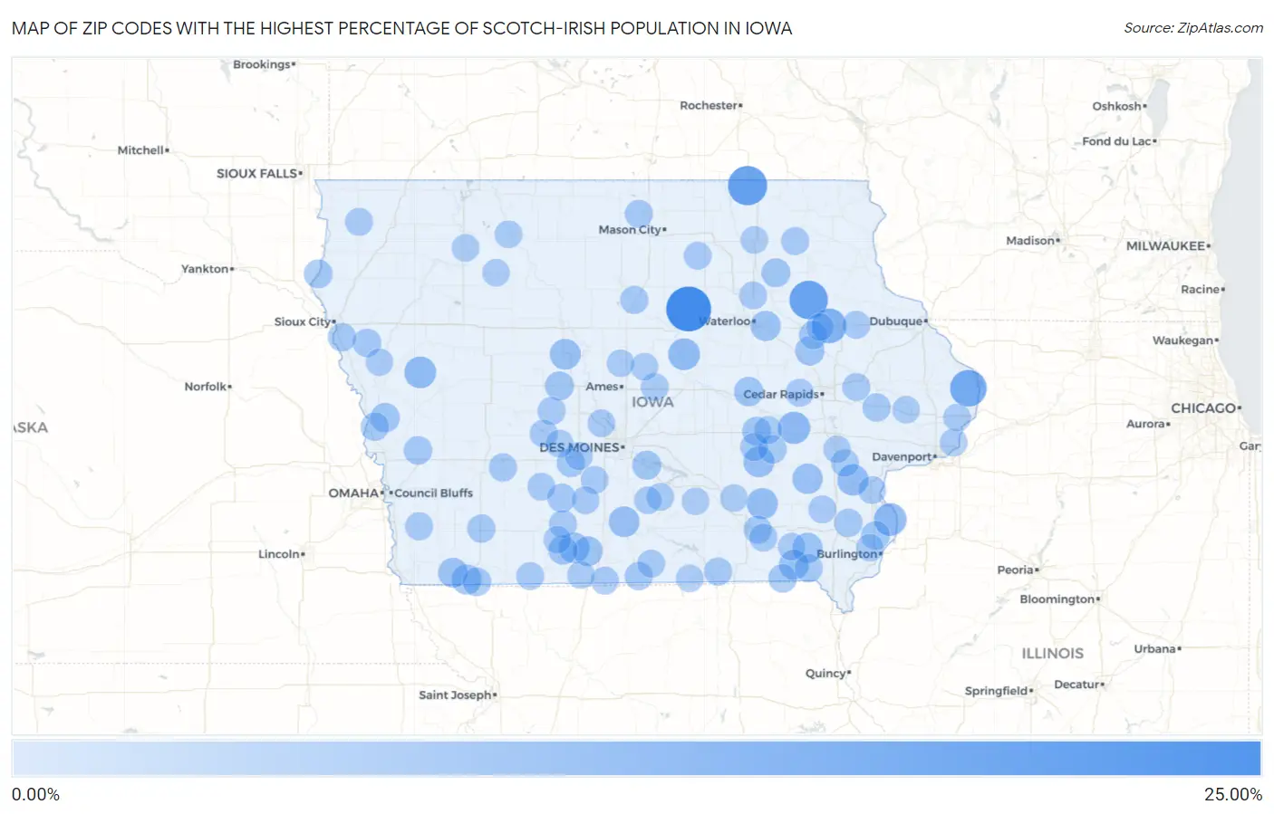 Zip Codes with the Highest Percentage of Scotch-Irish Population in Iowa Map
