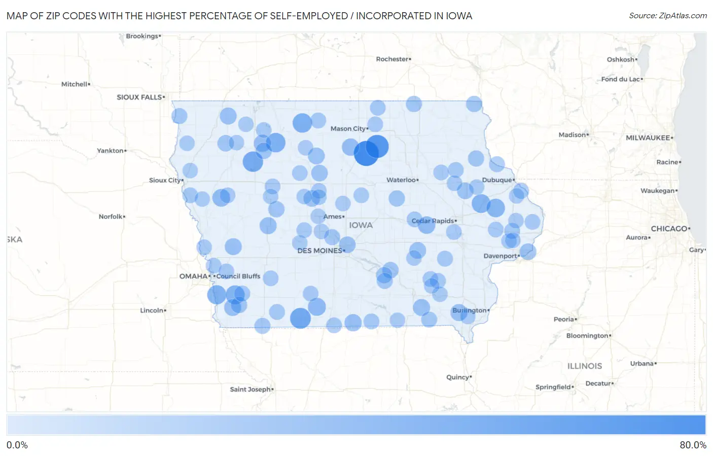 Zip Codes with the Highest Percentage of Self-Employed / Incorporated in Iowa Map