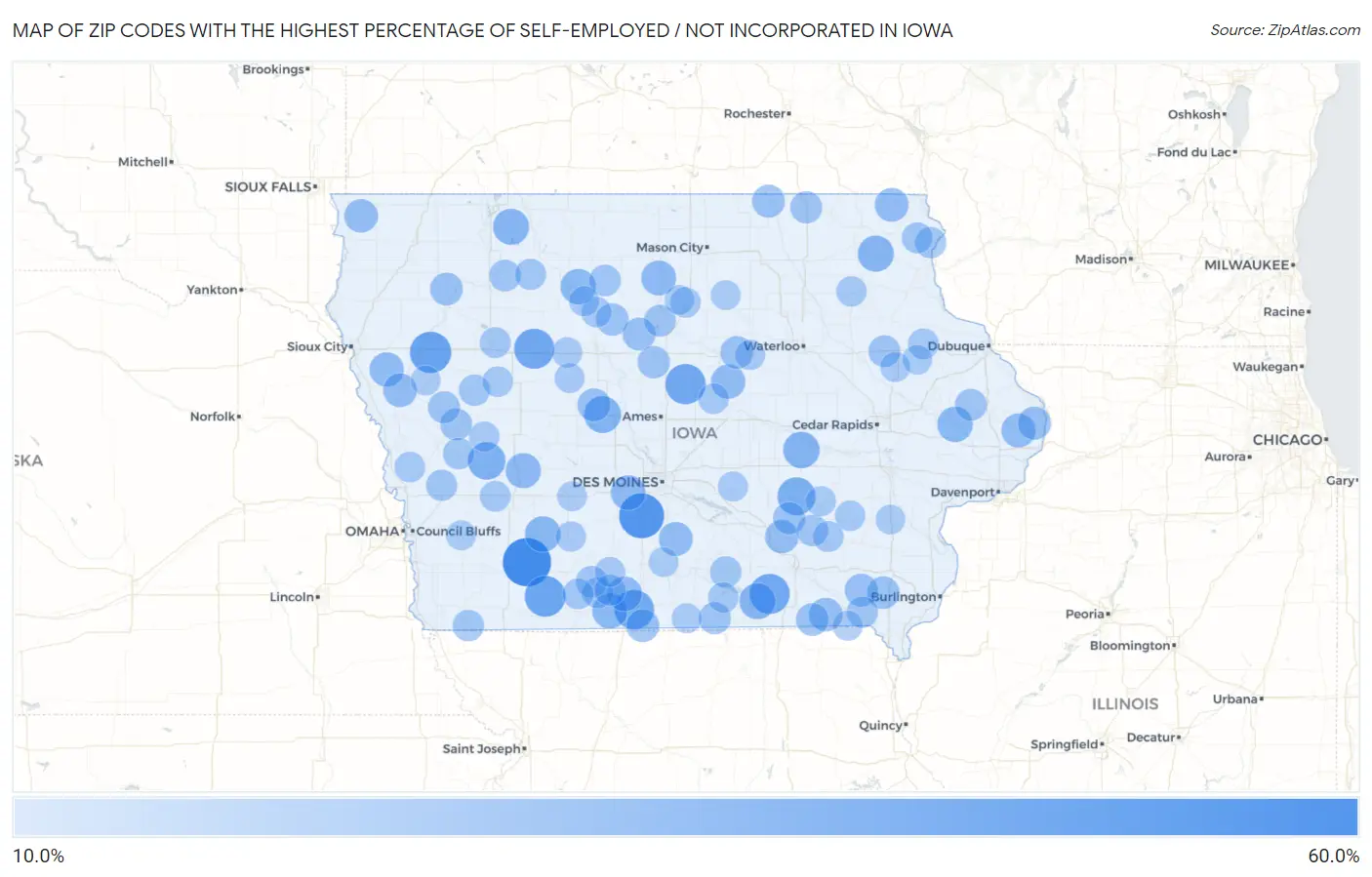 Zip Codes with the Highest Percentage of Self-Employed / Not Incorporated in Iowa Map