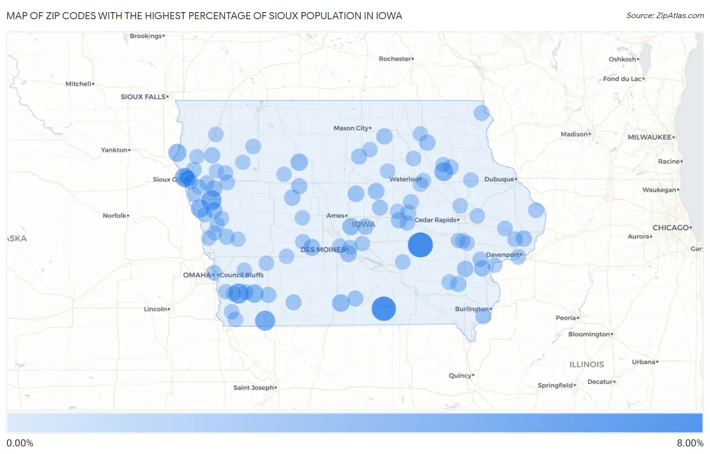 Zip Codes with the Highest Percentage of Sioux Population in Iowa Map