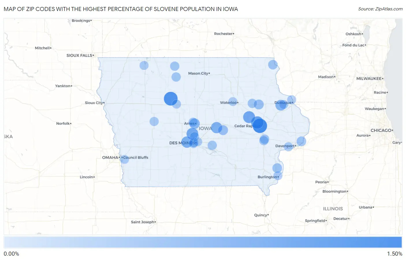 Zip Codes with the Highest Percentage of Slovene Population in Iowa Map