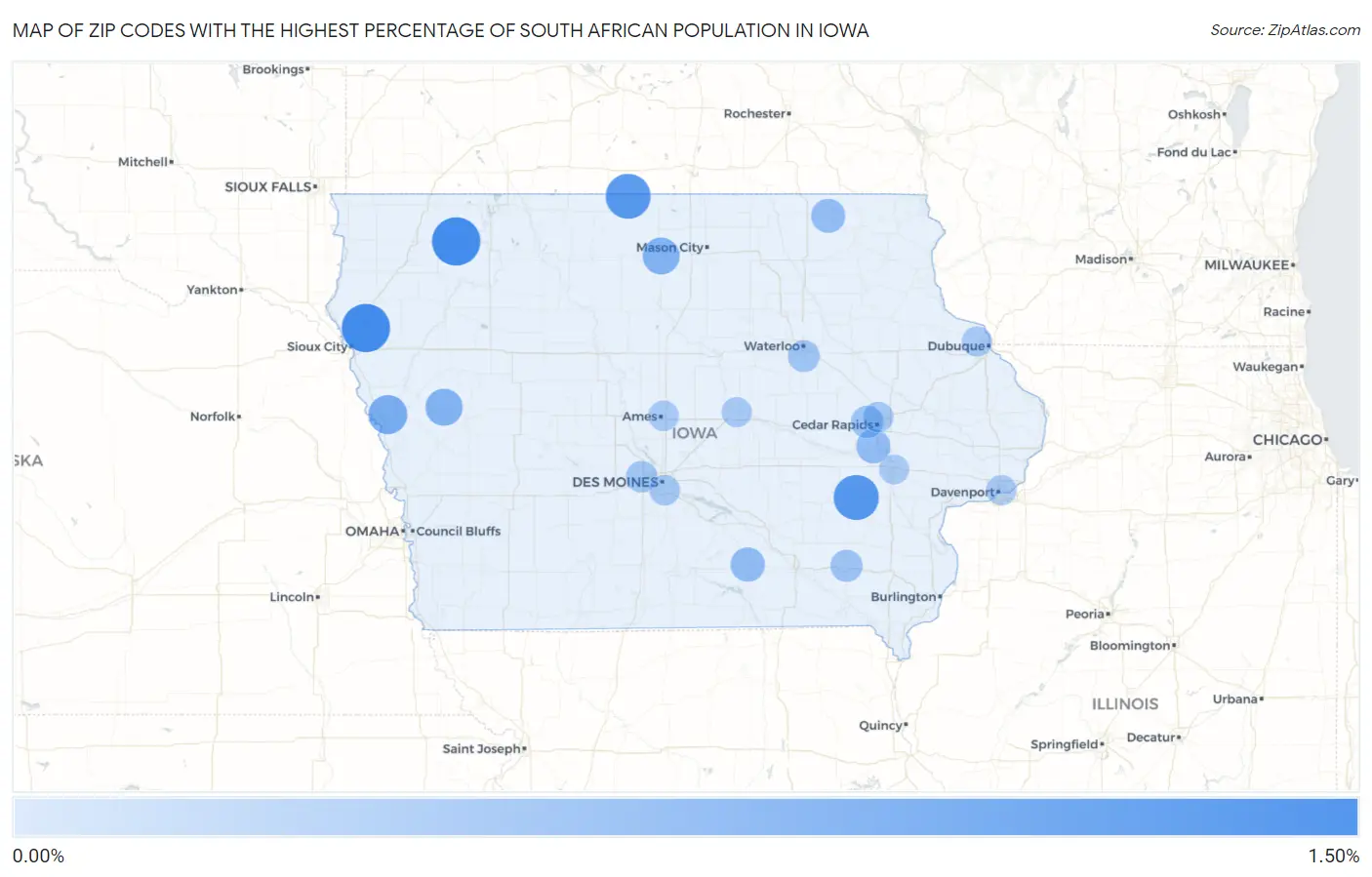 Zip Codes with the Highest Percentage of South African Population in Iowa Map