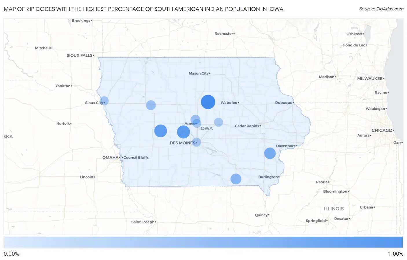 Zip Codes with the Highest Percentage of South American Indian Population in Iowa Map