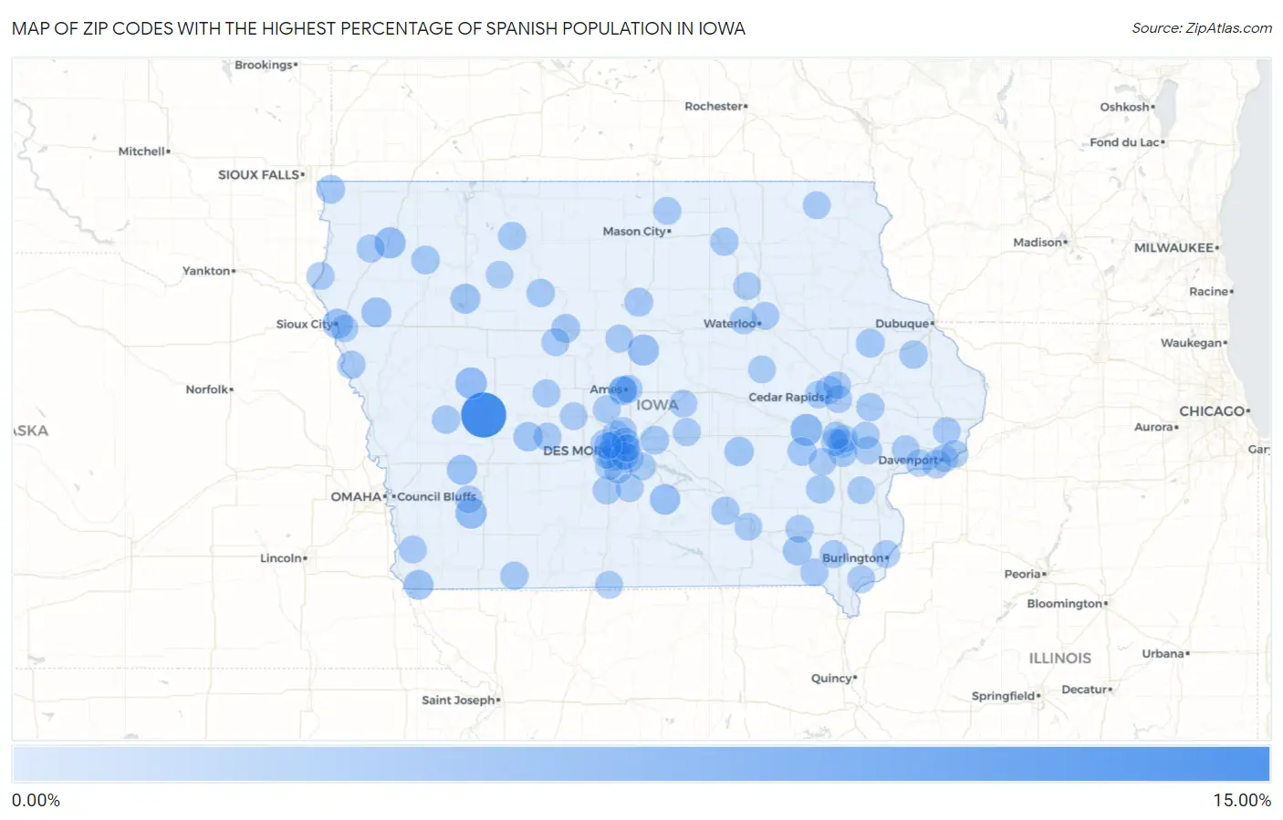 Zip Codes with the Highest Percentage of Spanish Population in Iowa Map
