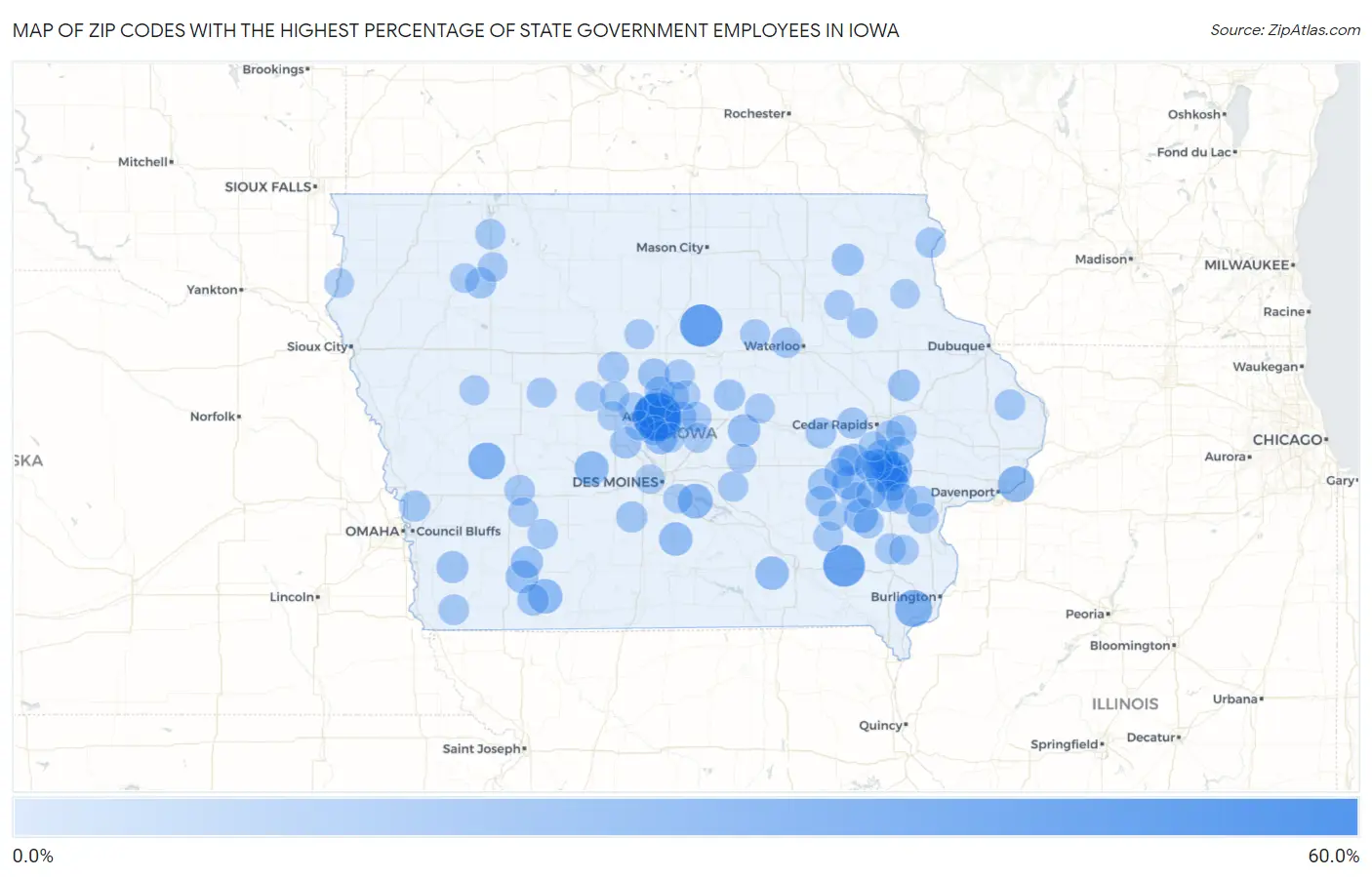Zip Codes with the Highest Percentage of State Government Employees in Iowa Map