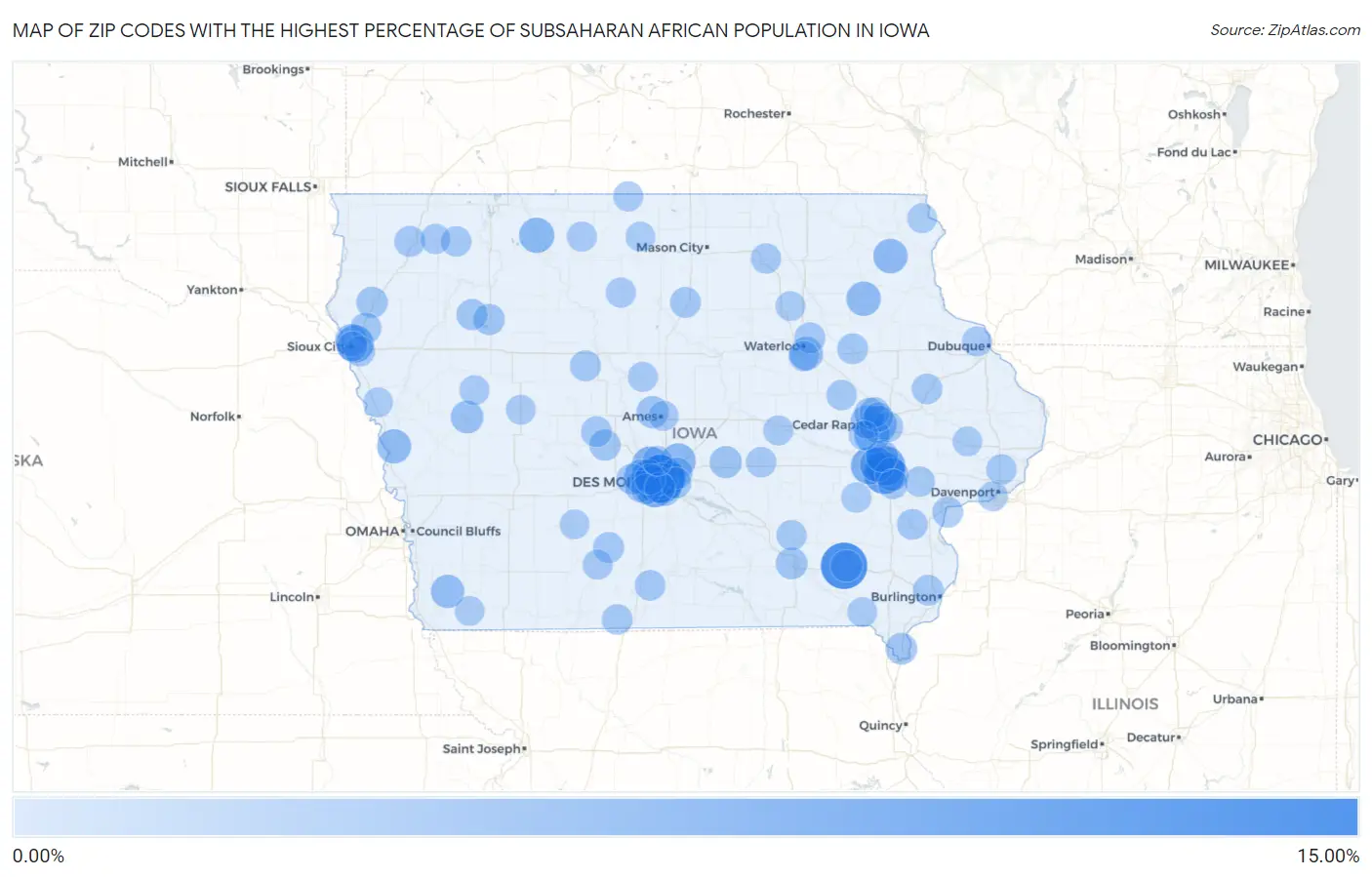 Zip Codes with the Highest Percentage of Subsaharan African Population in Iowa Map
