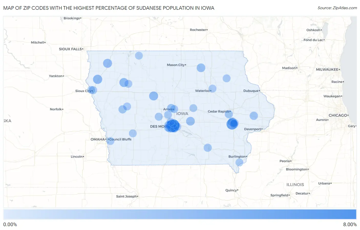 Zip Codes with the Highest Percentage of Sudanese Population in Iowa Map
