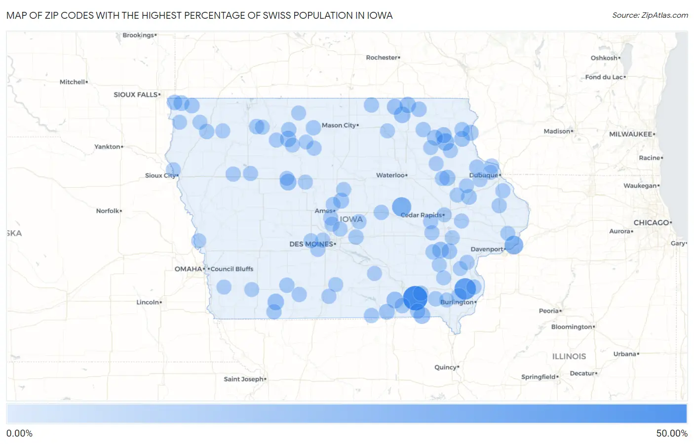 Zip Codes with the Highest Percentage of Swiss Population in Iowa Map