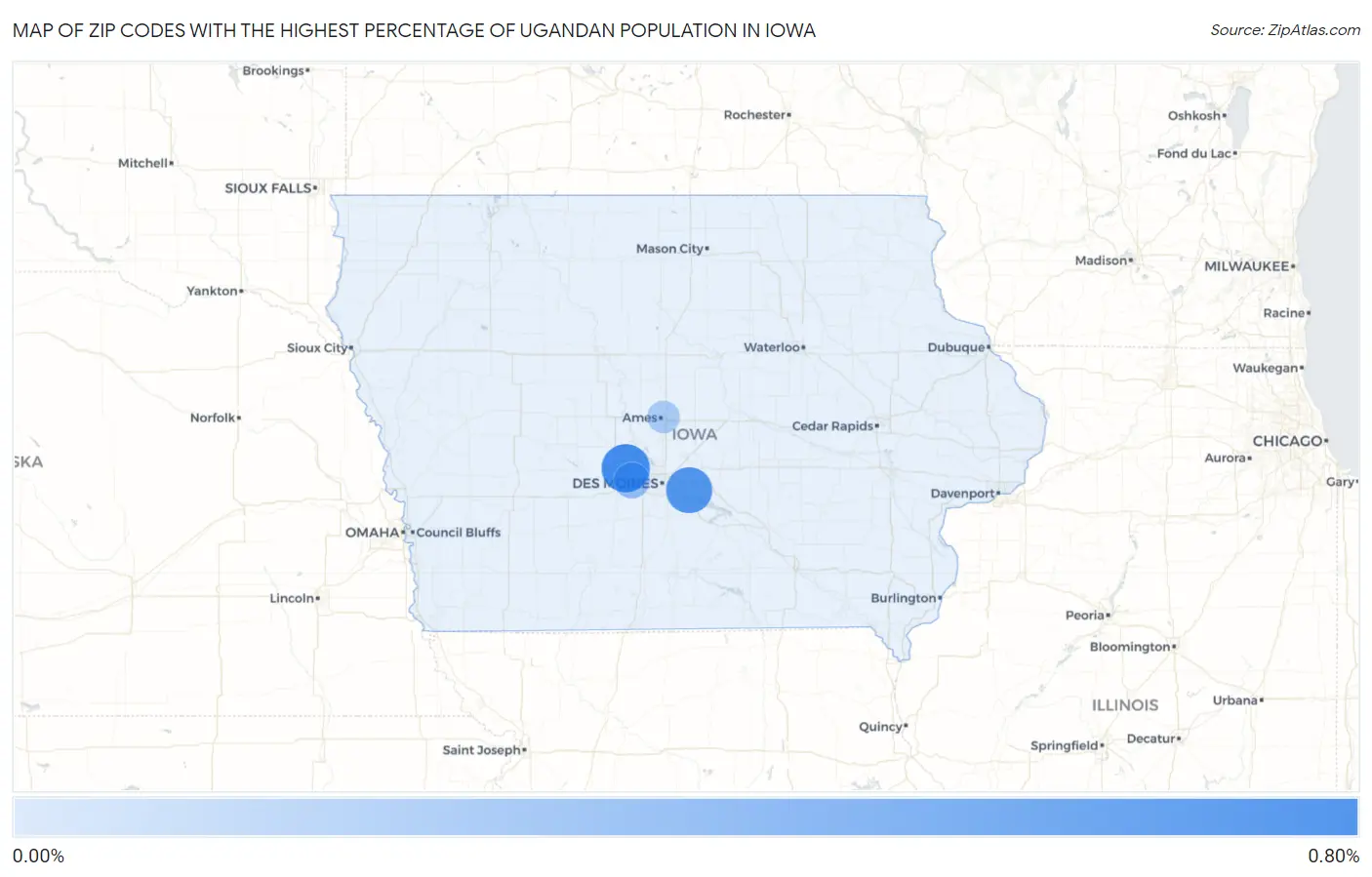Zip Codes with the Highest Percentage of Ugandan Population in Iowa Map