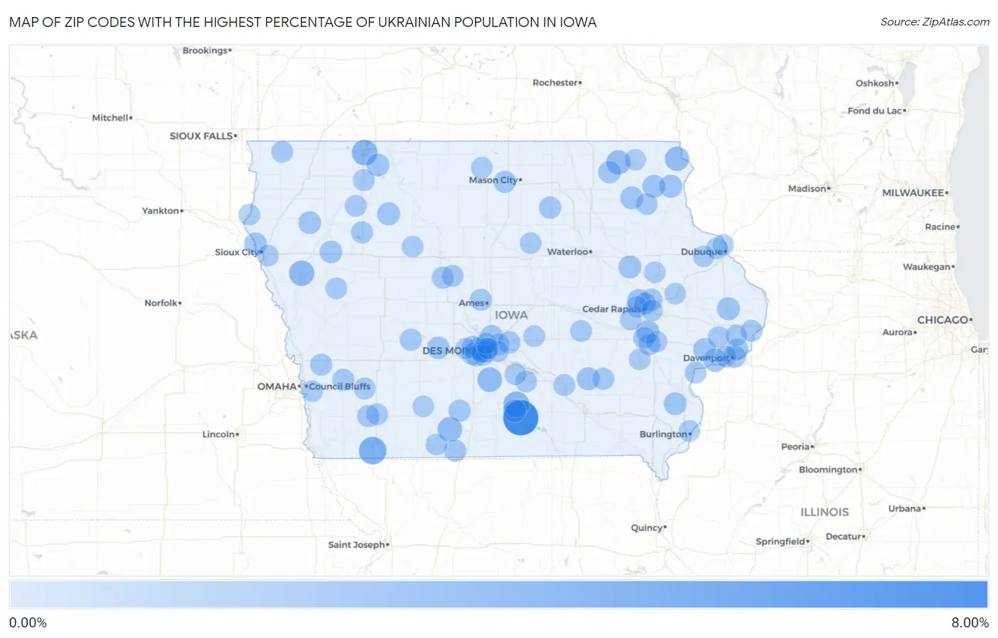 Zip Codes with the Highest Percentage of Ukrainian Population in Iowa Map