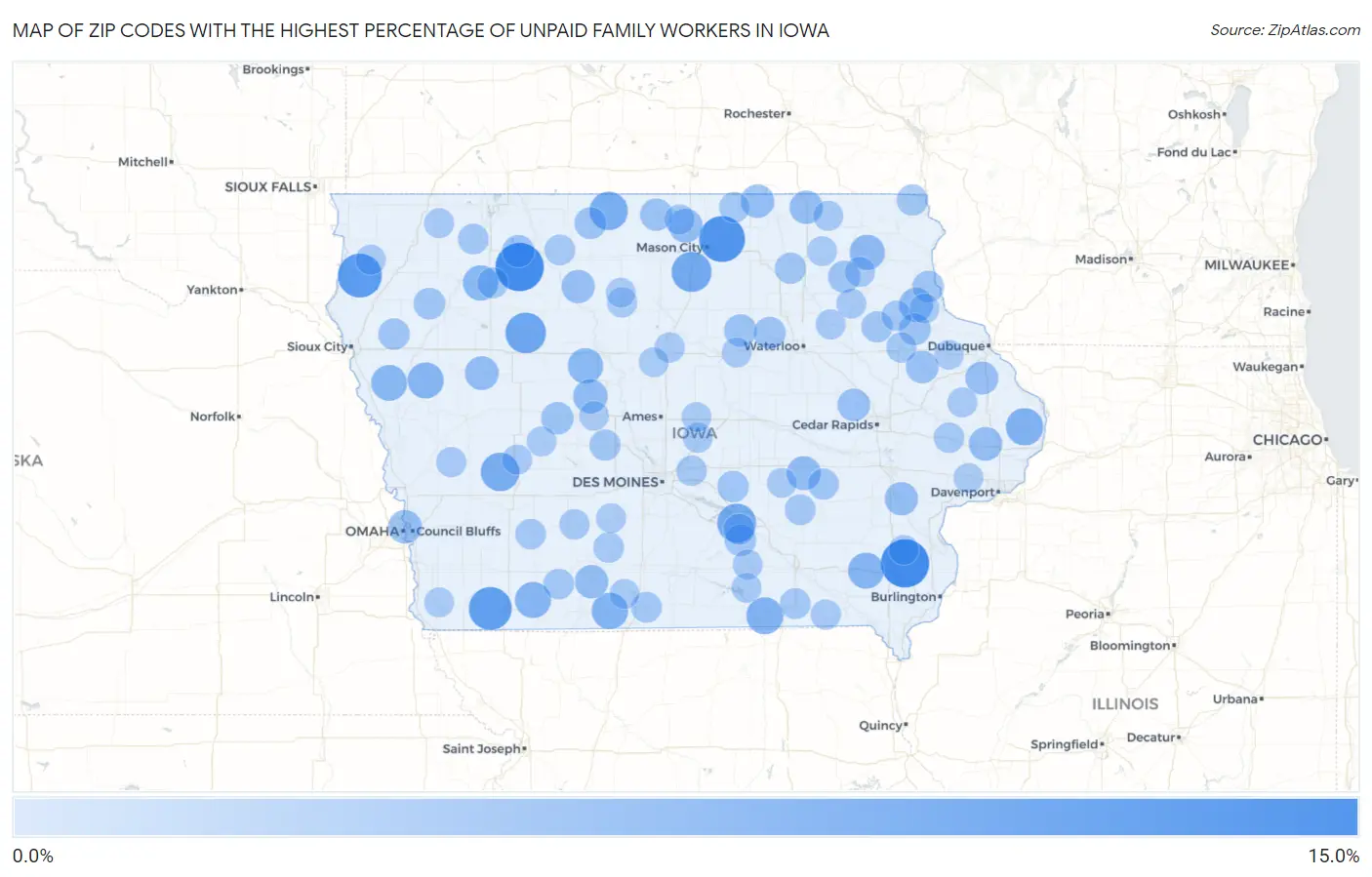Zip Codes with the Highest Percentage of Unpaid Family Workers in Iowa Map