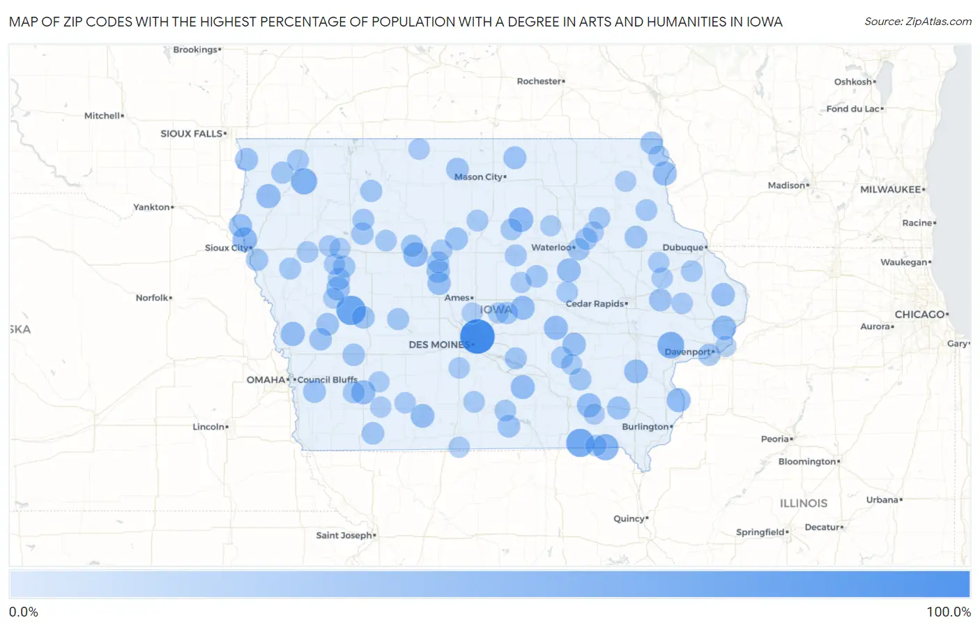 Zip Codes with the Highest Percentage of Population with a Degree in Arts and Humanities in Iowa Map