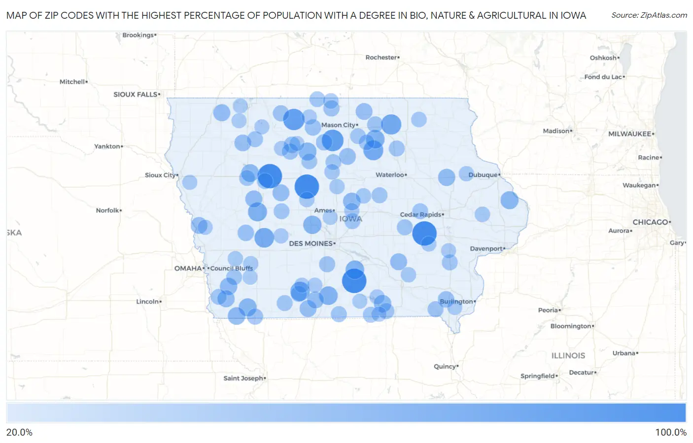 Zip Codes with the Highest Percentage of Population with a Degree in Bio, Nature & Agricultural in Iowa Map