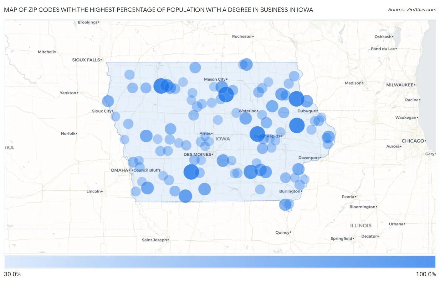 Zip Codes with the Highest Percentage of Population with a Degree in Business in Iowa Map