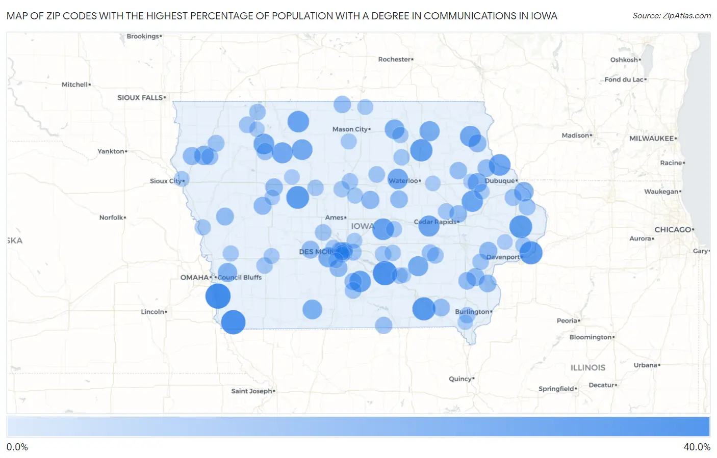 Zip Codes with the Highest Percentage of Population with a Degree in Communications in Iowa Map