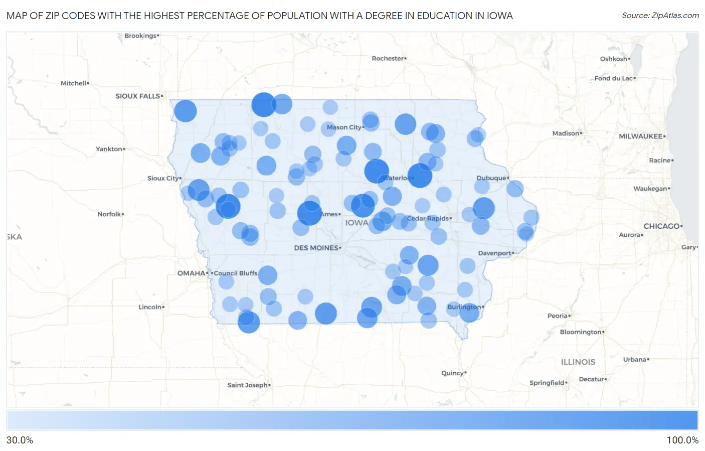 Zip Codes with the Highest Percentage of Population with a Degree in Education in Iowa Map