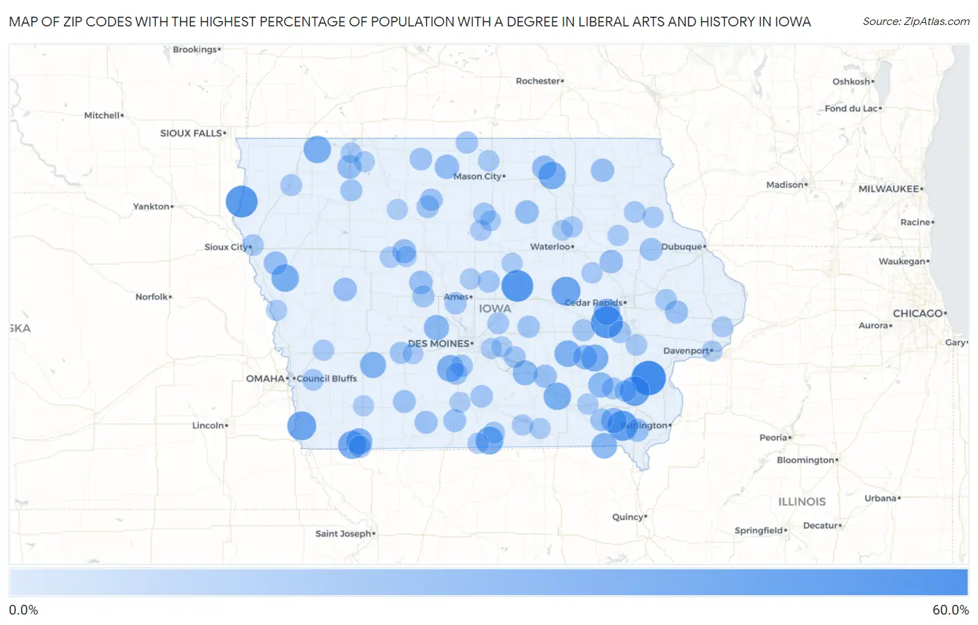 Zip Codes with the Highest Percentage of Population with a Degree in Liberal Arts and History in Iowa Map