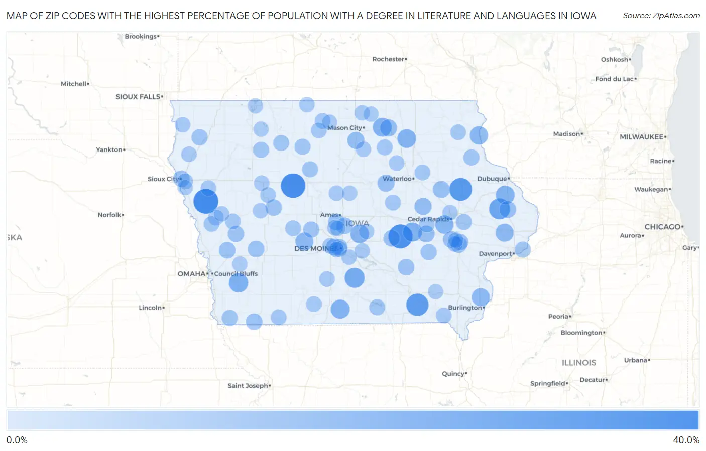 Zip Codes with the Highest Percentage of Population with a Degree in Literature and Languages in Iowa Map