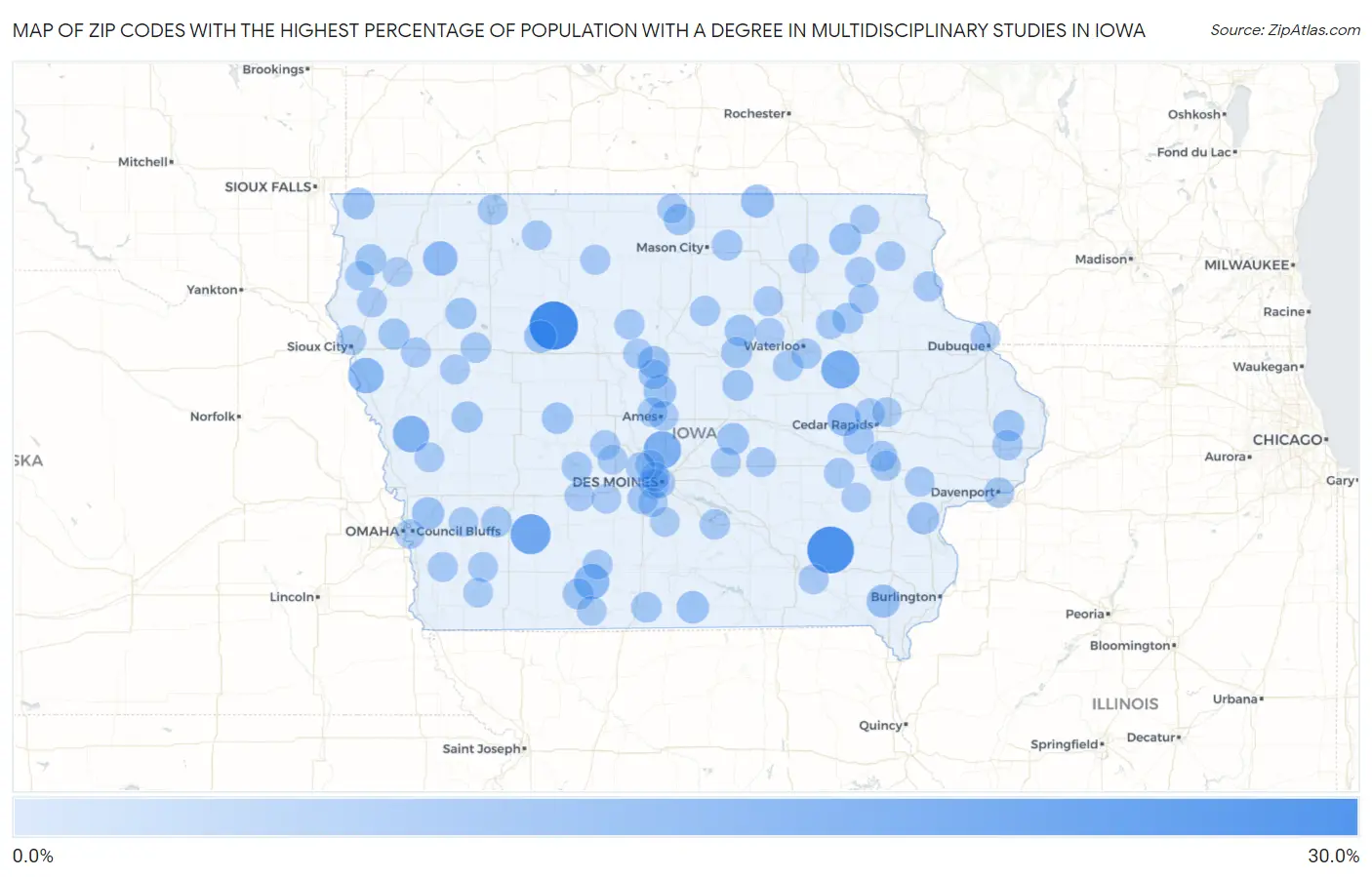 Zip Codes with the Highest Percentage of Population with a Degree in Multidisciplinary Studies in Iowa Map