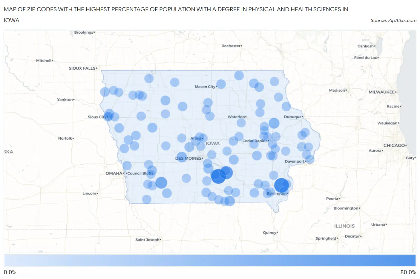 Zip Codes with the Highest Percentage of Population with a Degree in Physical and Health Sciences in Iowa Map
