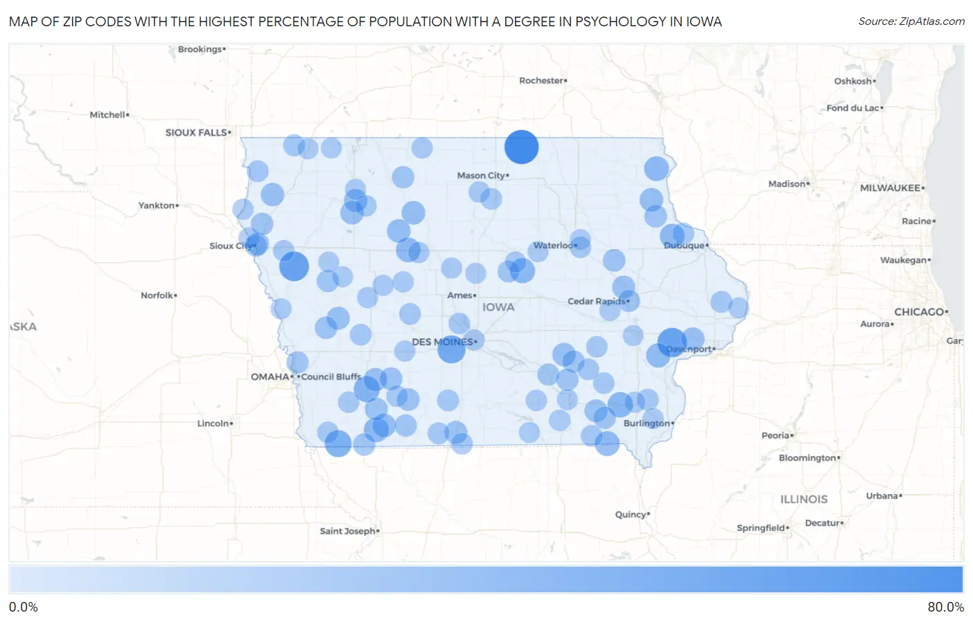 Zip Codes with the Highest Percentage of Population with a Degree in Psychology in Iowa Map