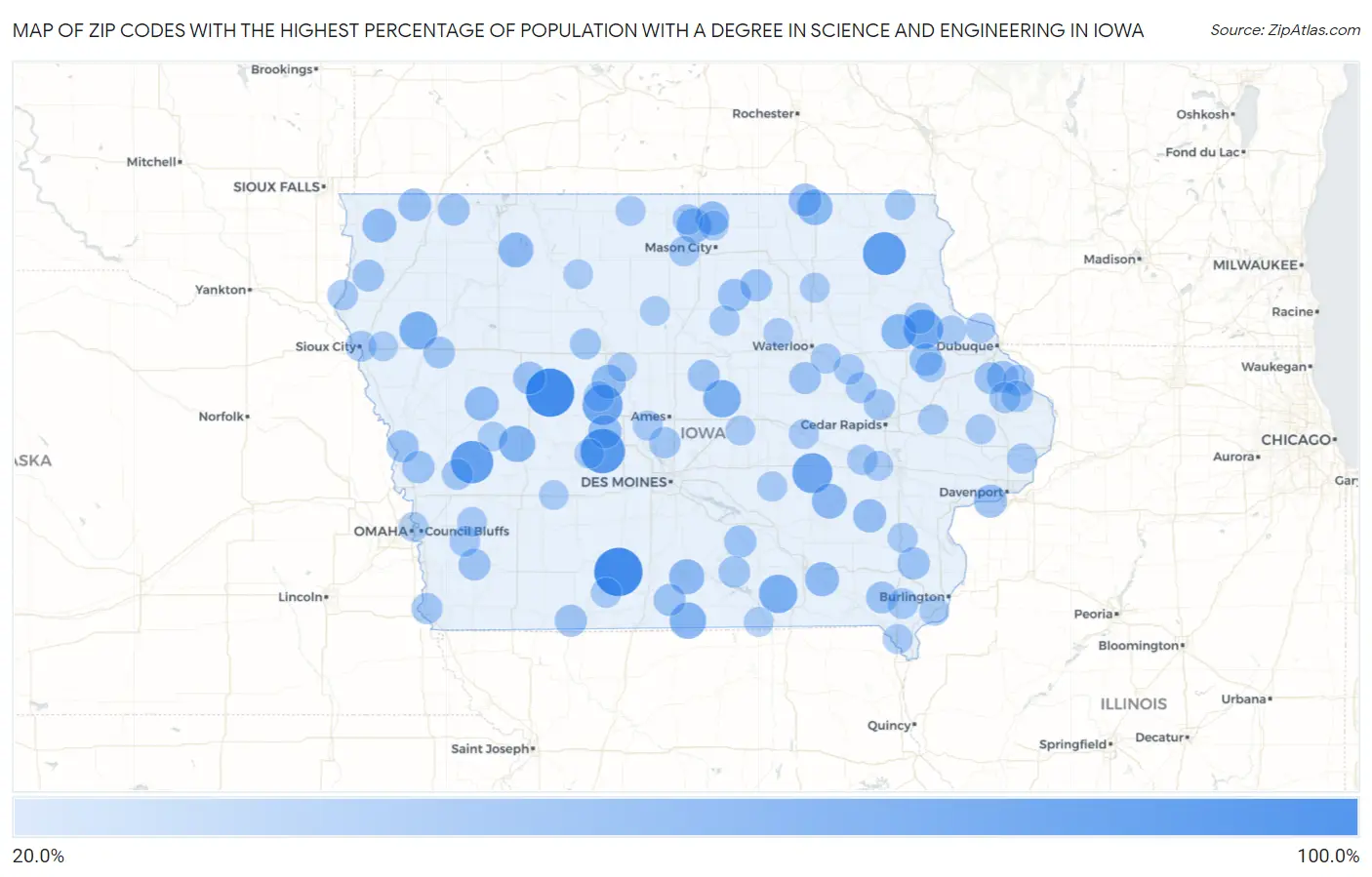 Zip Codes with the Highest Percentage of Population with a Degree in Science and Engineering in Iowa Map