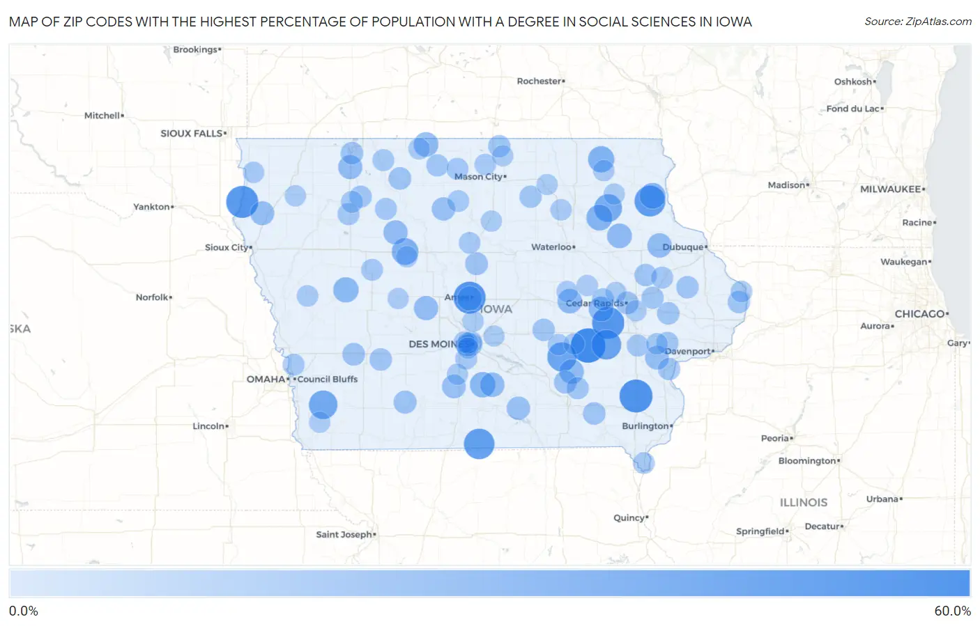 Zip Codes with the Highest Percentage of Population with a Degree in Social Sciences in Iowa Map