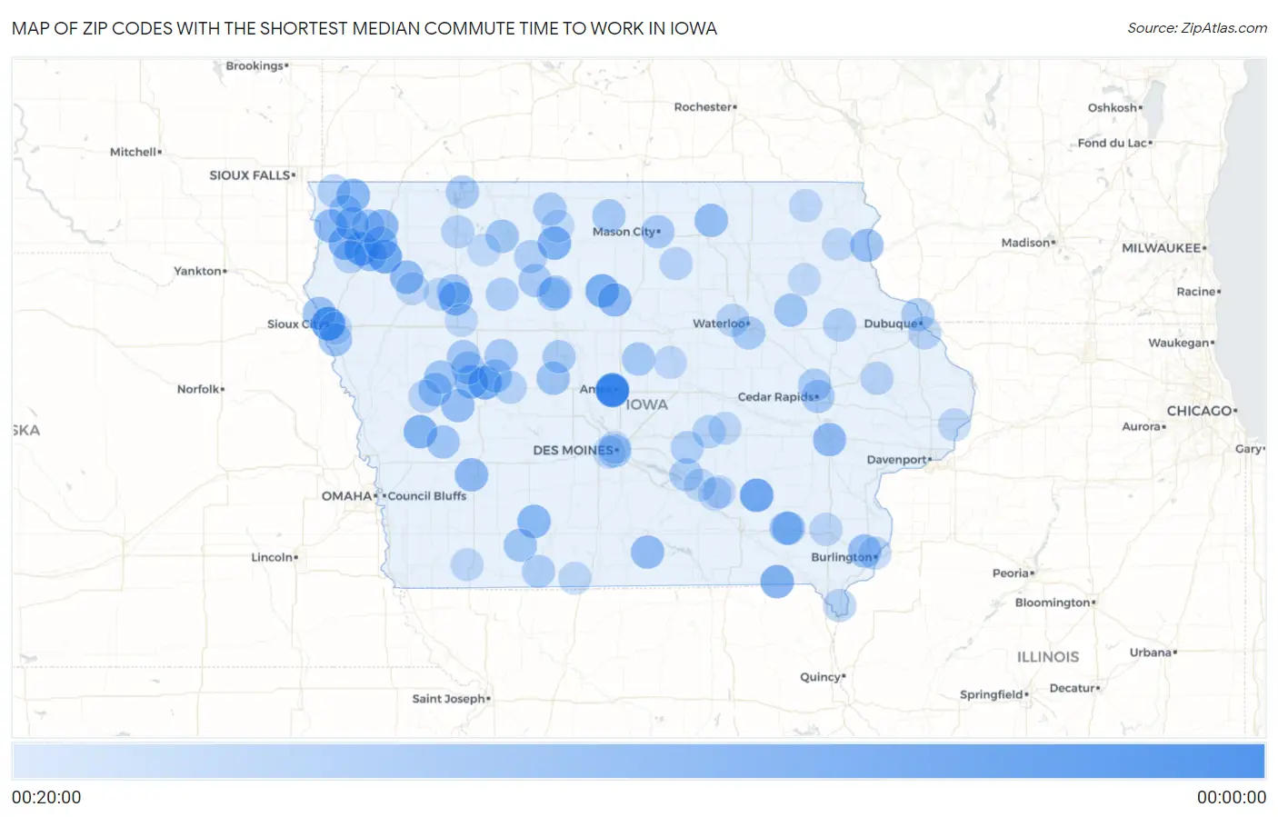 Zip Codes with the Shortest Median Commute Time to Work in Iowa Map